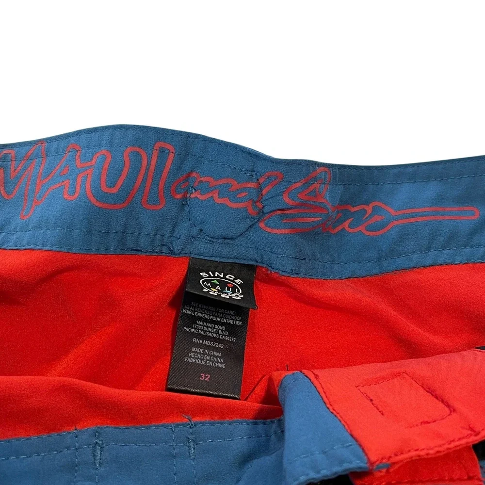 Maui and Sons Red Teal Board Shorts Swim Trunks Mens Size 32 Surf Beach Pool